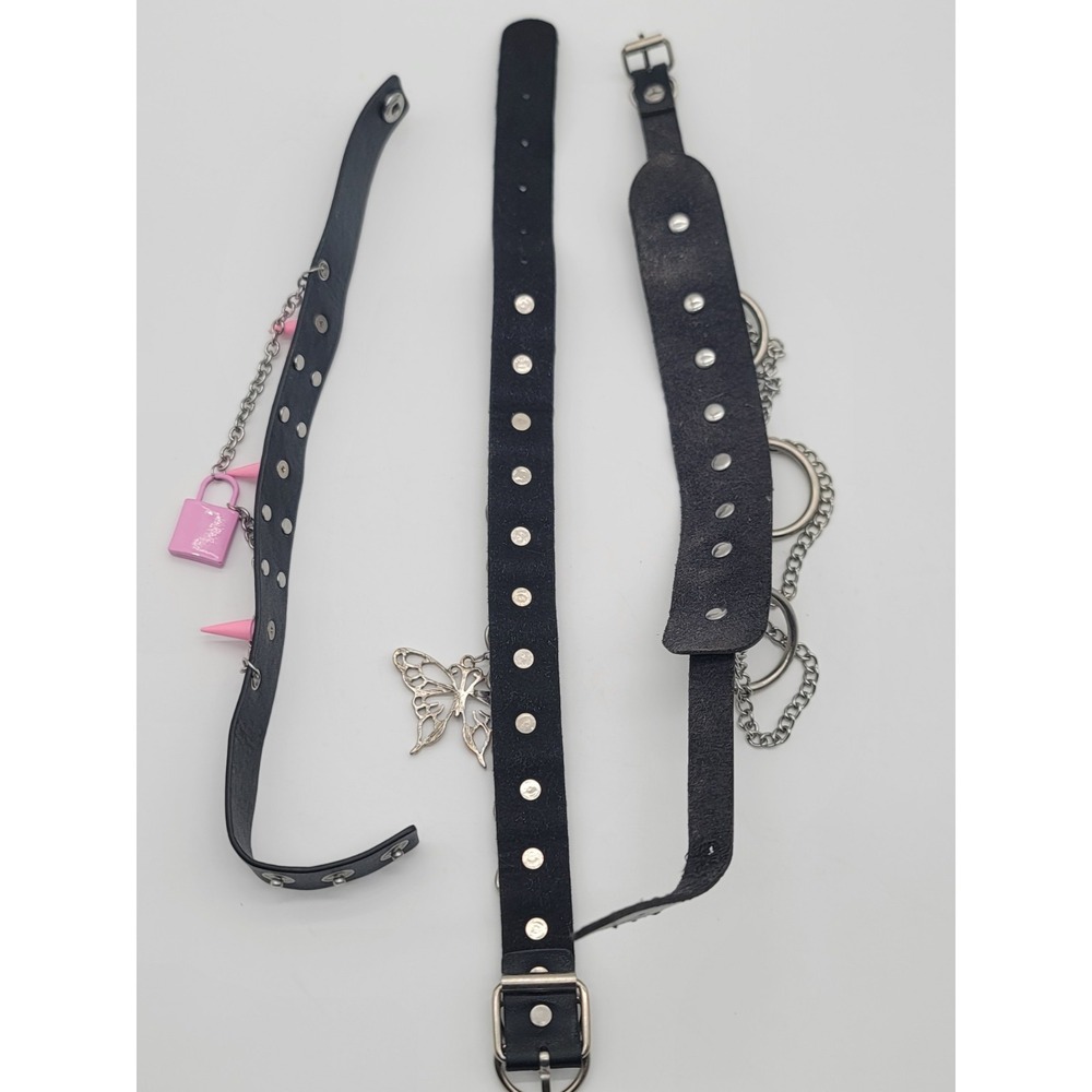 3 Pc Goth Punk Choker Bundle Butterfly O Ring Spike Padlock Alt Necklace Set - Picture 9 of 10